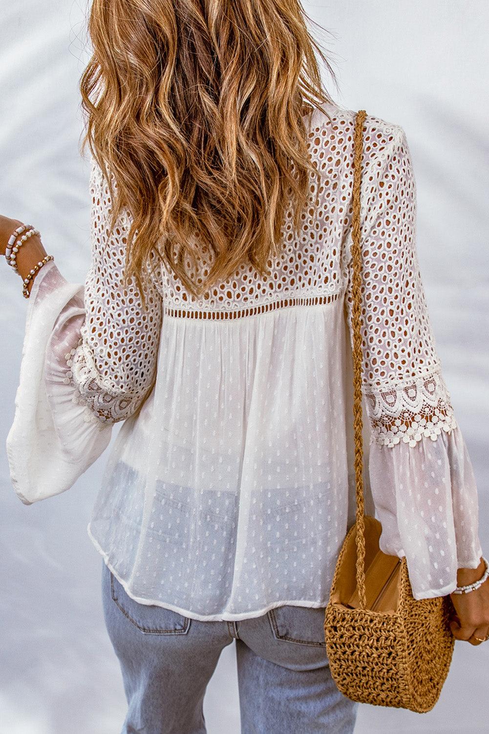 Eyelet Tassel Tie Flare Sleeve Blouse - Flyclothing LLC