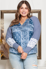 Plus Size V-Neck Printed Raglan Sleeve Blouse - Flyclothing LLC