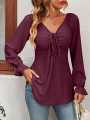 Tie Front V-Neck Puff Sleeve Blouse - Flyclothing LLC