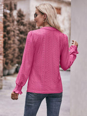 Eyelet Notched Neck Flounce Sleeve Blouse - Trendsi