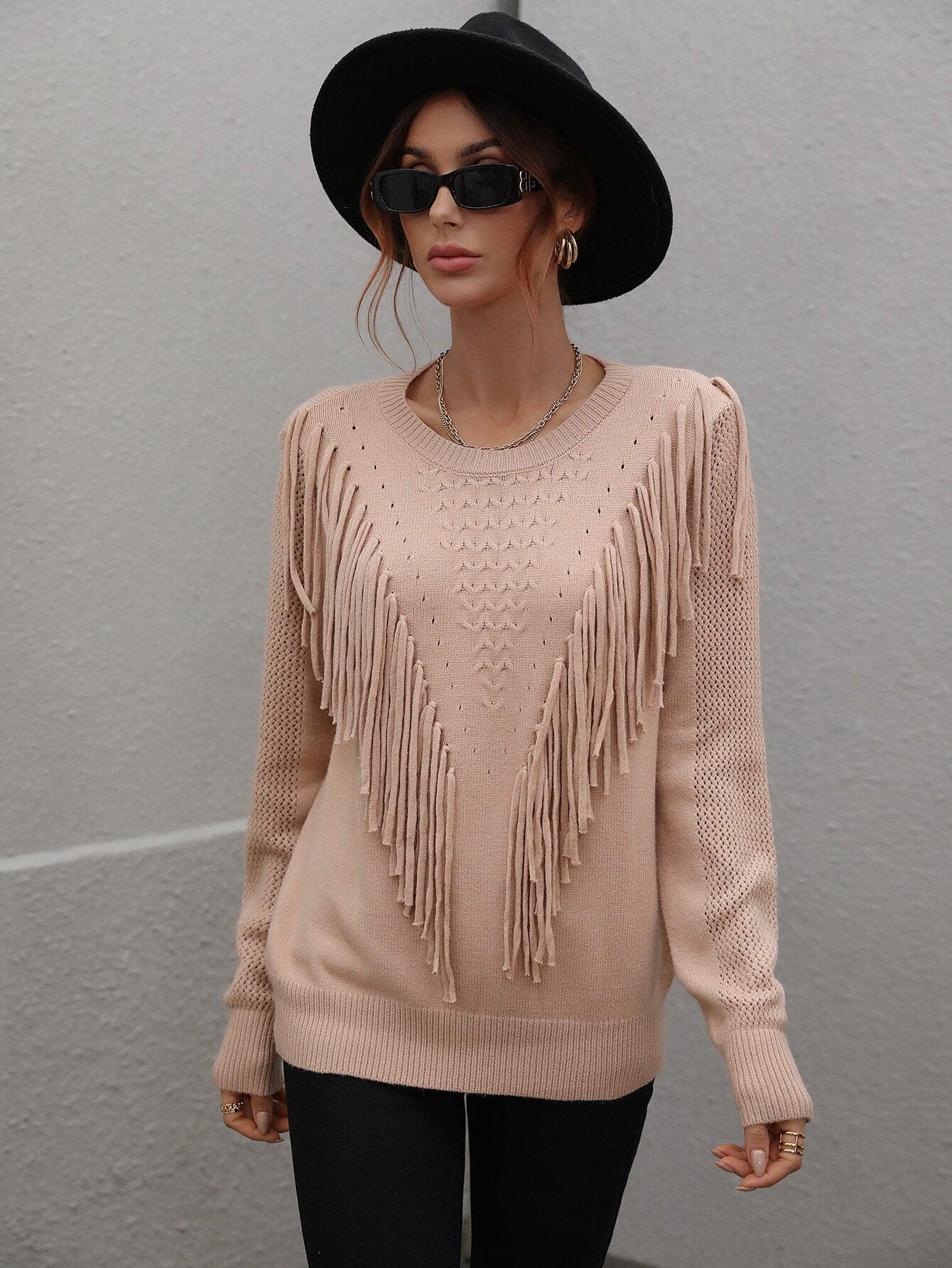 Fringe Detail Ribbed Trim Sweater - Flyclothing LLC