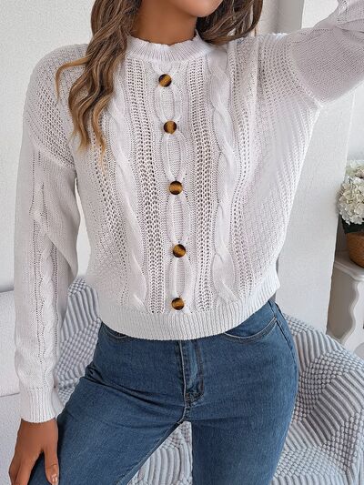 Cable-Knit Buttoned Round Neck Sweater - Flyclothing LLC