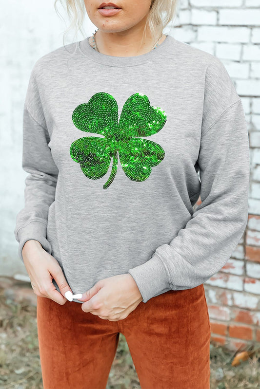 Lucky Clover Sequin Round Neck Sweatshirt - Flyclothing LLC