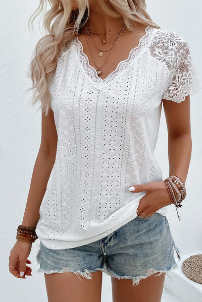 Eyelet Lace Detail V-Neck T-Shirt - Flyclothing LLC