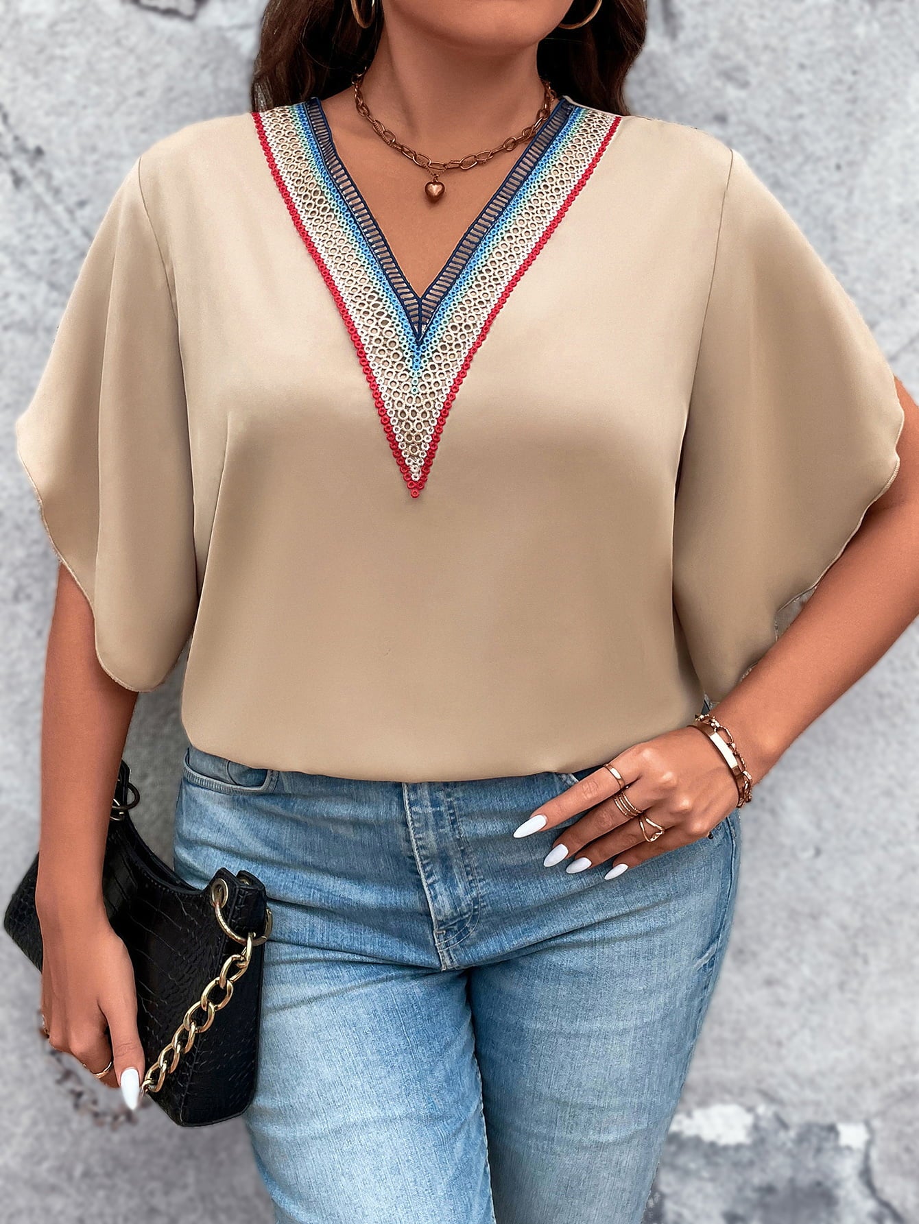 Plus Size V-Neck Flutter Sleeve Blouse - Flyclothing LLC