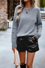 Cable-Knit Round Neck Drop Shoulder Sweater - Flyclothing LLC