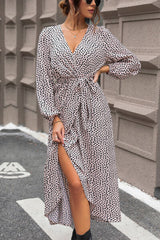 Slit Printed Surplice Balloon Sleeve Dress - Flyclothing LLC