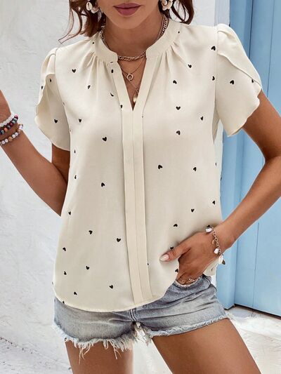 Heart Print Notched Petal Sleeve Blouse - Flyclothing LLC