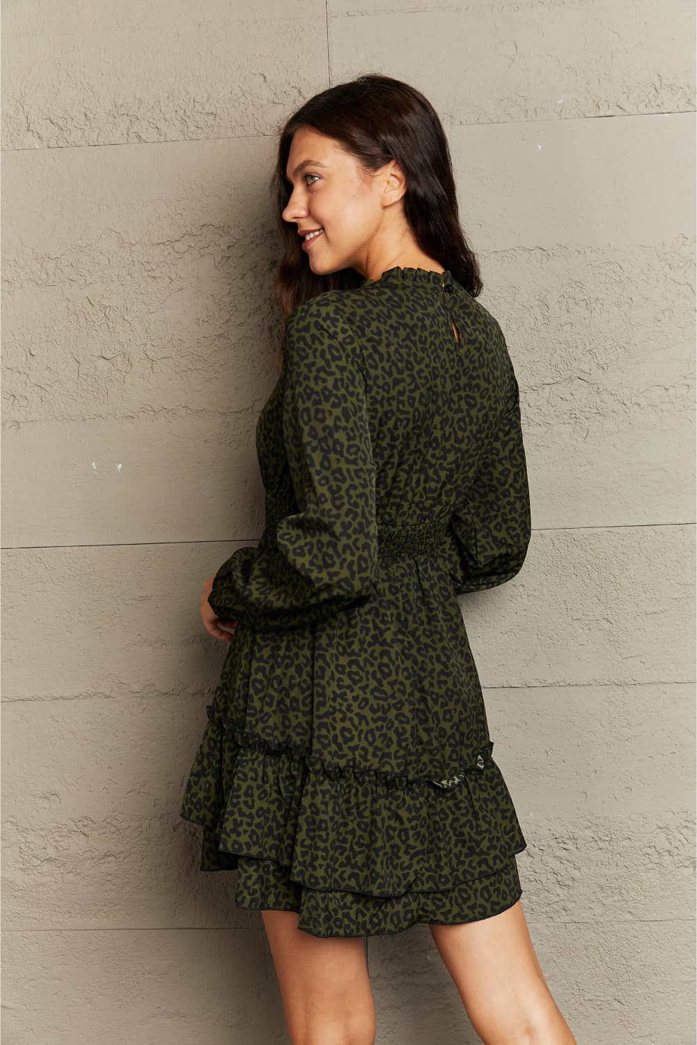 Leopard Smock Waist Long Sleeve Dress - Flyclothing LLC