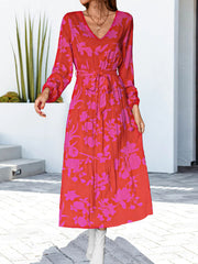 Floral V-Neck Long Sleeve Dress - Flyclothing LLC