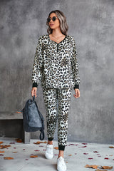 Leopard V-Neck Dropped Shoulder Loungewear Set - Trendsi