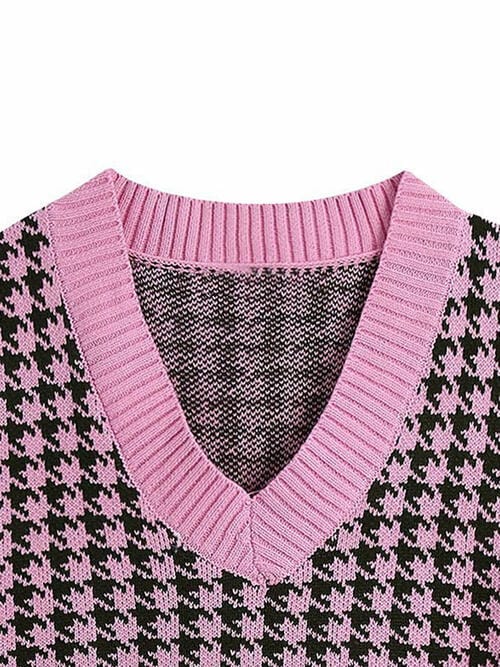 Houndstooth V-Neck Sweater Vet - Flyclothing LLC