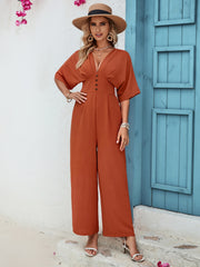 Decorative Button V-Neck Half Sleeve Jumpsuit - Trendsi