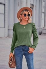 Heathered Puff Sleeve Round Neck Tunic Top - Trendsi