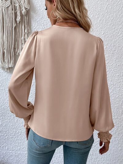 Surplice Smocked Lantern Sleeve Blouse - Flyclothing LLC