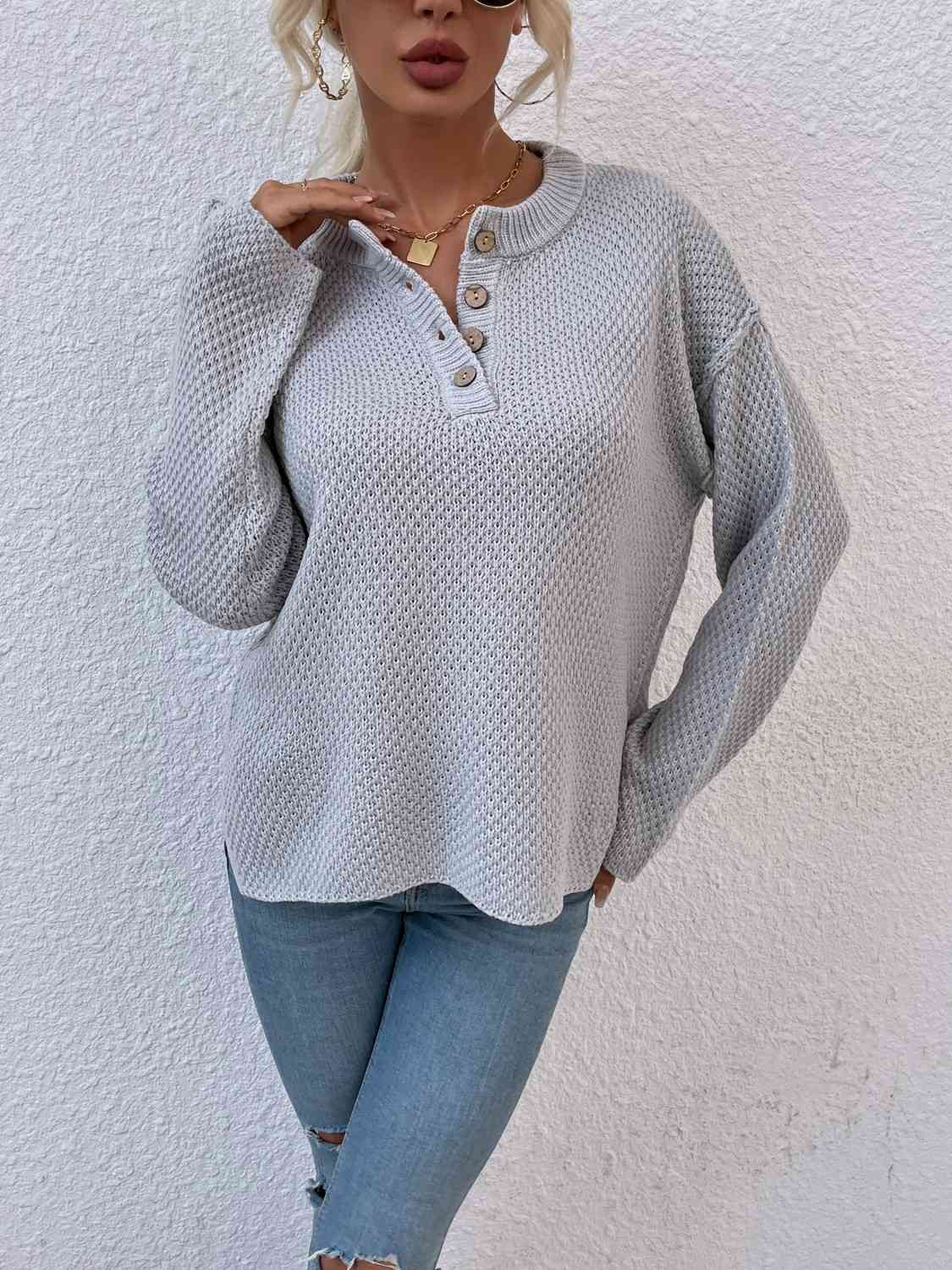 Quarter-Button Slit Sweater - Flyclothing LLC