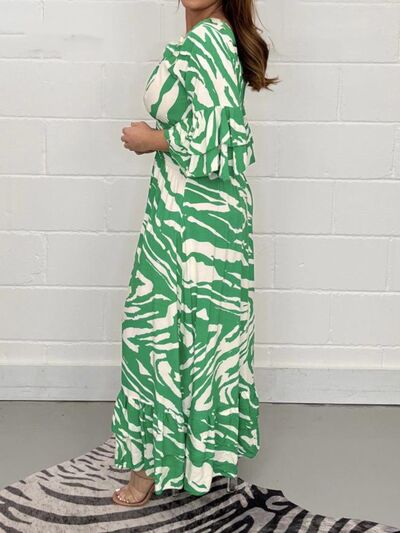 Smocked Printed Flounce Sleeve Maxi Dress - Flyclothing LLC