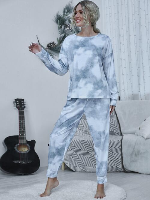 Tie-dye Round Neck Top and Drawstring Pants Lounge Set - Flyclothing LLC