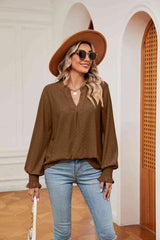 Notched Neck Flounce Sleeve Blouse - Flyclothing LLC