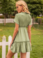 Frill V-Neck Short Sleeve Ruffle Hem Dress - Flyclothing LLC