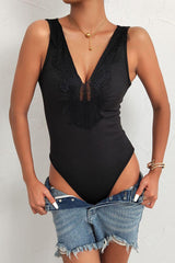 Spliced Lace Deep V Sleeveless Bodysuit - Flyclothing LLC