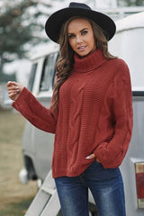 Cable-Knit Turtleneck Dropped Shoulder Sweater - Trendsi