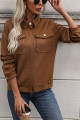 Textured Zip Up Collared Neck Jacket - Flyclothing LLC