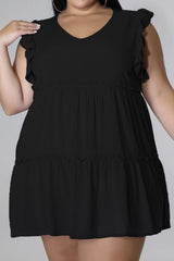 Plus Size V-Neck Frill Trim Mini Dress - Flyclothing LLC