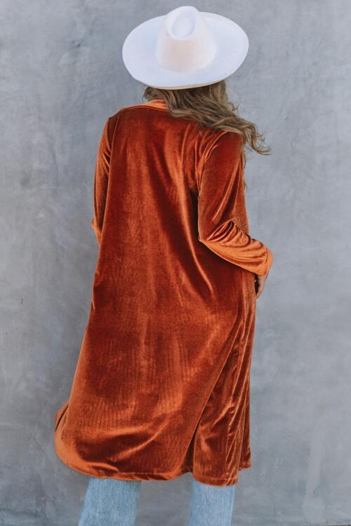 Collared Neck Longline Velvet Cardigan with Pockets - Flyclothing LLC