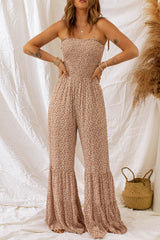 Floral Spaghetti Strap Smocked Wide Leg Jumpsuit - Flyclothing LLC