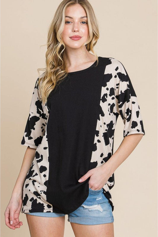 BOMBOM Rodeo Love Ribbed Animal Contrast Tee - Trendsi