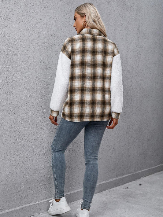 Plaid Collared Neck Button Down Jacket - Flyclothing LLC