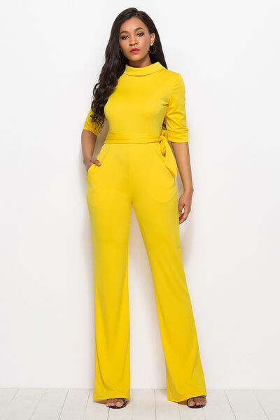 Mock Neck Tie-Waist Half Sleeve Jumpsuit - Flyclothing LLC