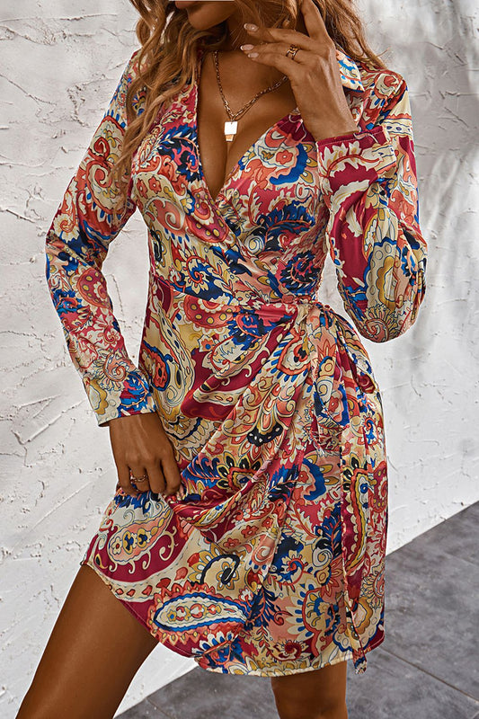 Printed Surplice Neck Long Sleeve Mini Dress - Flyclothing LLC