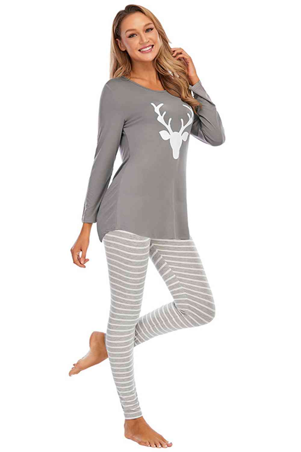 Graphic Round Neck Top and Striped Pants Set - Flyclothing LLC