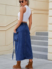 Slit Pocketed High Waist Denim Skirt - Flyclothing LLC