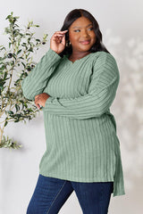 Basic Bae Full Size Ribbed Round Neck Long Sleeve Slit Top - Flyclothing LLC