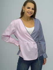 Surplice Neck Striped Long Sleeve Blouse - Flyclothing LLC