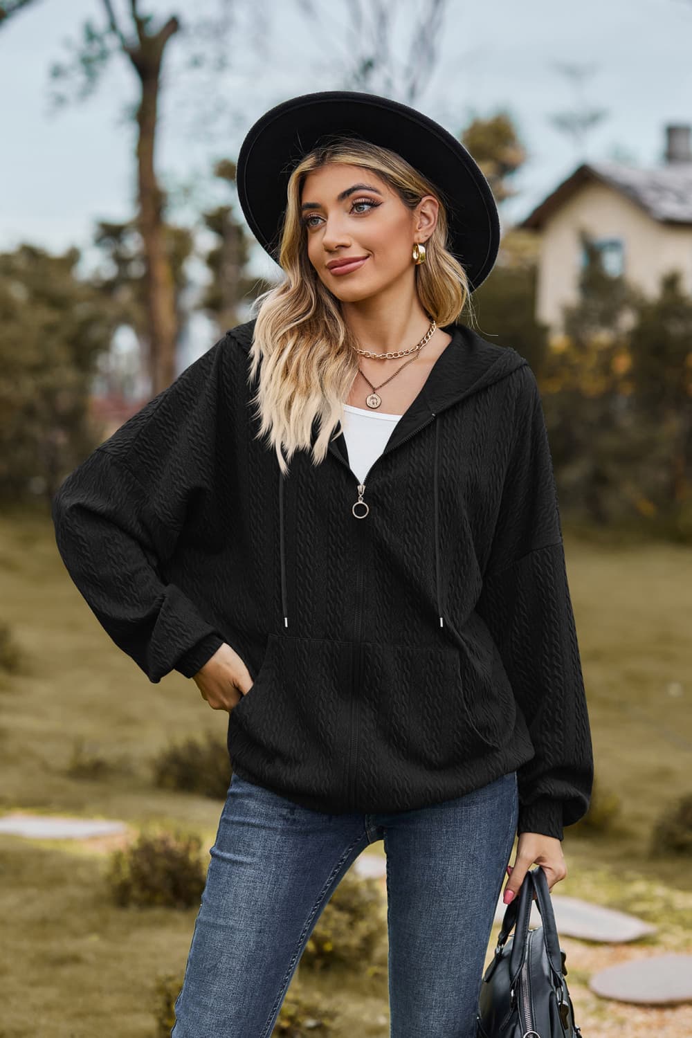 Cable-Knit Long Sleeve Hooded Jacket - Flyclothing LLC