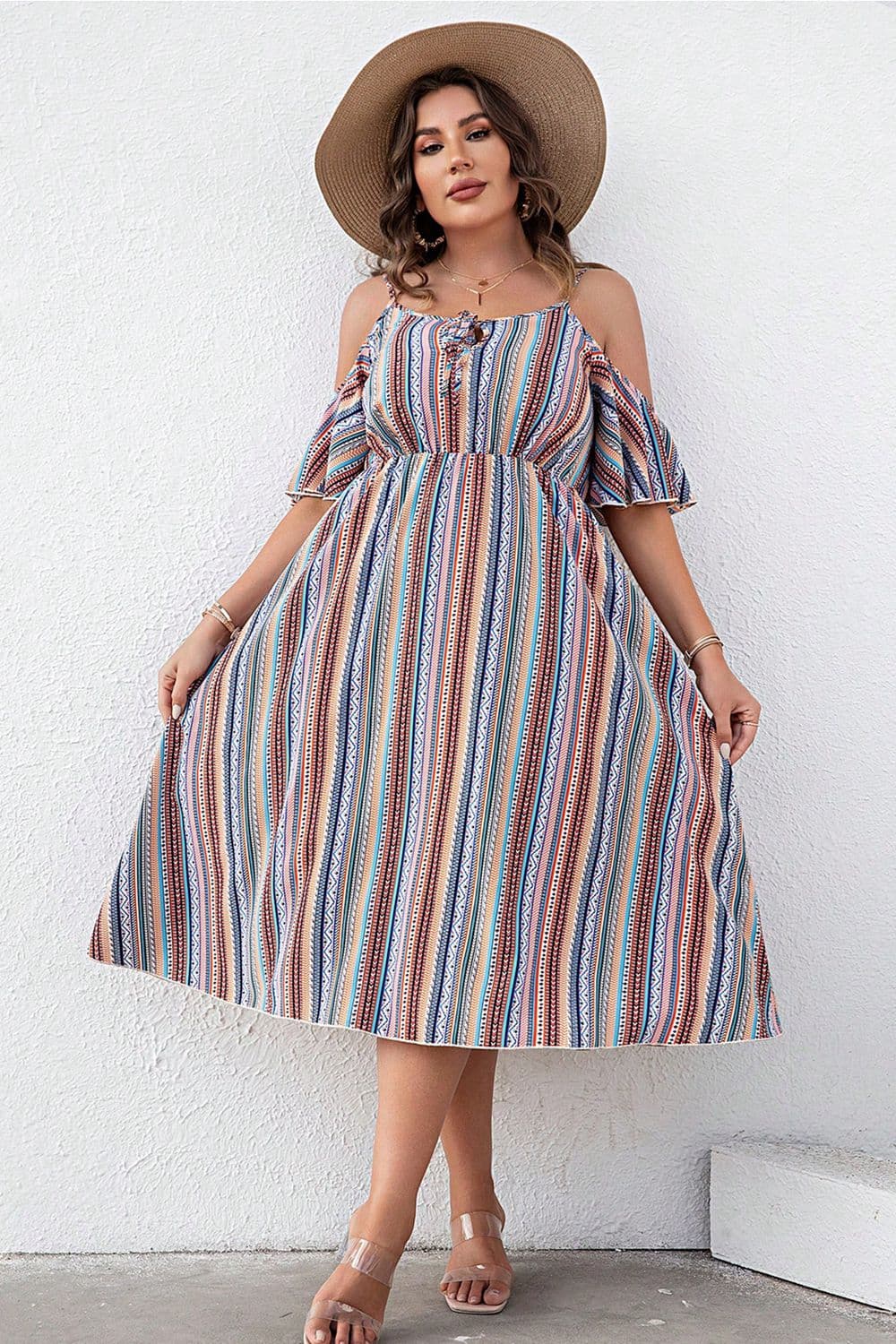 Plus Size Striped Cold-Shoulder Dress - Flyclothing LLC