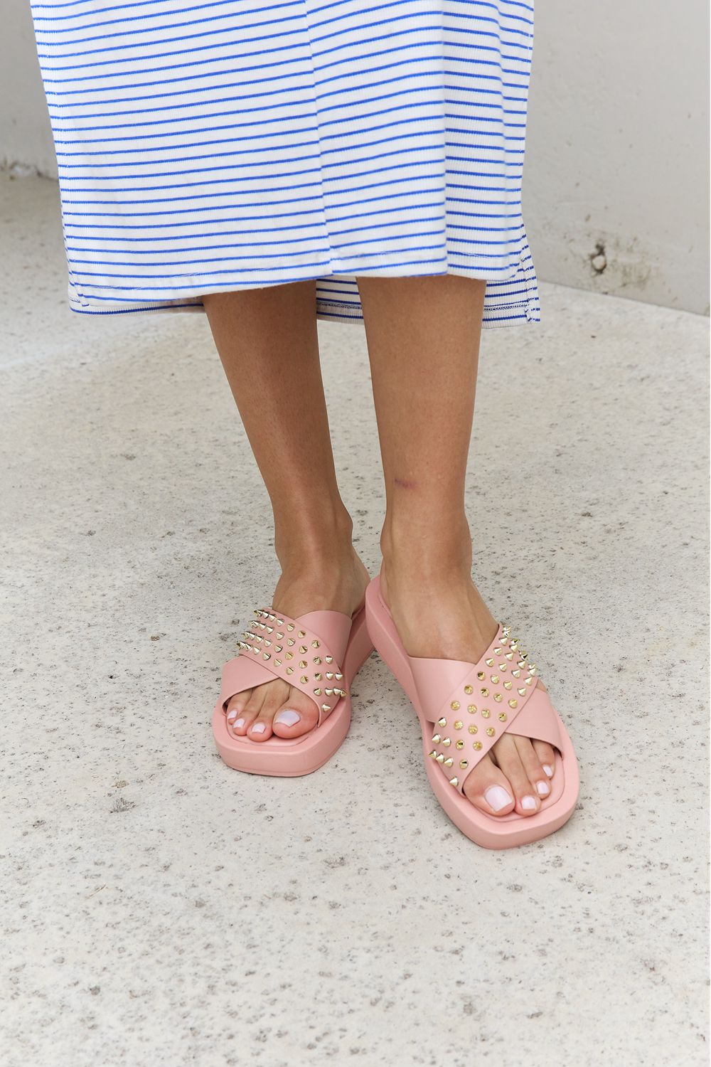 Forever Link Studded Cross Strap Sandals in Blush - Flyclothing LLC