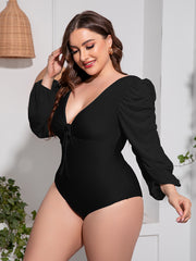 Plus Size Tied Deep V Balloon Sleeve One-Piece Swimsuit - Flyclothing LLC