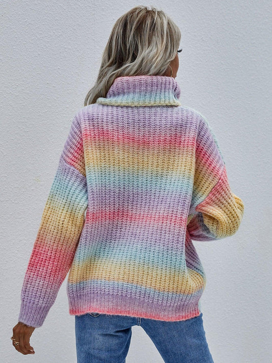 Rainbow Rib-Knit Turtleneck Drop Shoulder Sweater - Flyclothing LLC