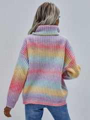 Rainbow Rib-Knit Turtleneck Drop Shoulder Sweater - Flyclothing LLC