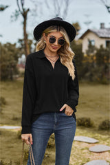 Collared Neck Cable-Knit Long Sleeve Blouse - Flyclothing LLC