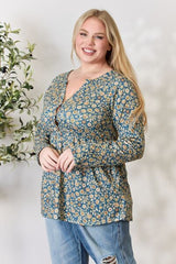 Heimish Full Size Floral Half Button Long Sleeve Blouse - Flyclothing LLC