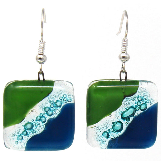 Square Glass Dangle Earrings, Blue Green Waves - Tili Glass - Flyclothing LLC