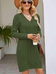 Cable-Knit V-Neck Mini Sweater Dress - Flyclothing LLC