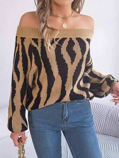 Off-Shoulder Animal Print Long Sleeve Sweater - Flyclothing LLC