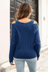 Cold Shoulder V-Neck Cable-Knit Pullover Sweater - Trendsi